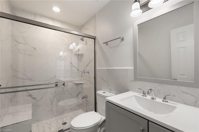 202 Aldridge Ln, Archdale, NC 27263 - bathroom with toilet, a marble finish shower, and vanity