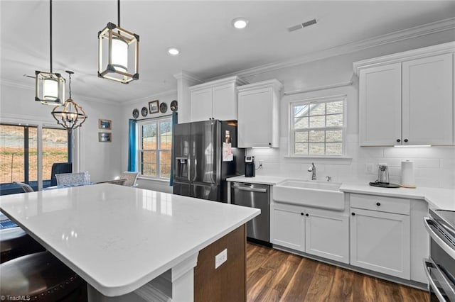 kitchen with stainless steel appliances, tasteful backsplash, visible vents, ornamental molding, and a sink