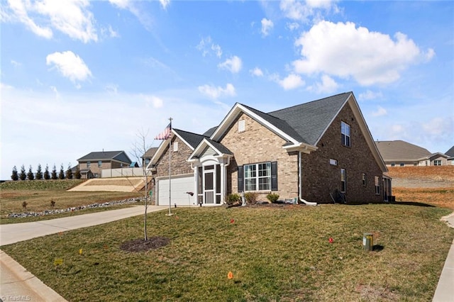 view of front of house featuring concrete driveway, brick siding, an attached garage, and a front lawn