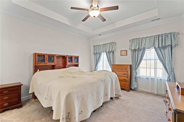 bedroom featuring a raised ceiling, multiple windows, and light carpet