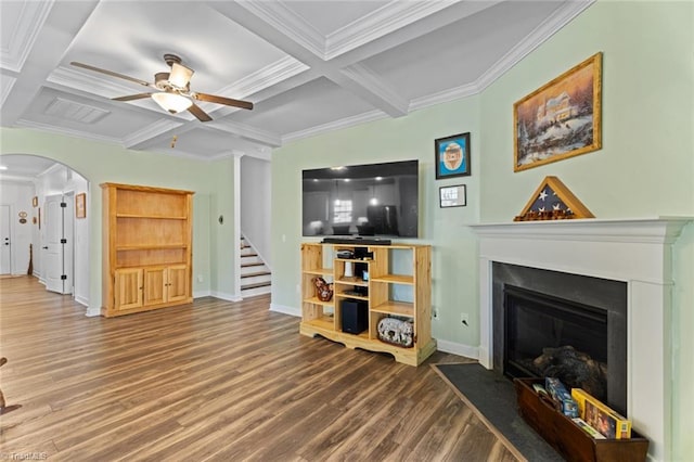 living room with wood finished floors, coffered ceiling, and a fireplace with flush hearth