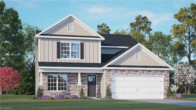 craftsman-style house with an attached garage, a front lawn, stone siding, board and batten siding, and driveway