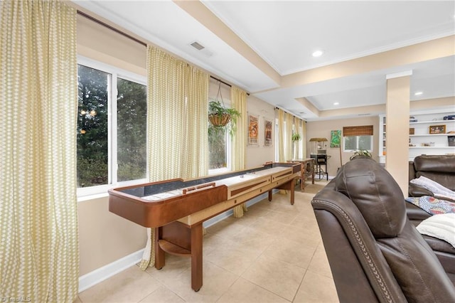 rec room featuring visible vents, a raised ceiling, recessed lighting, light tile patterned floors, and baseboards