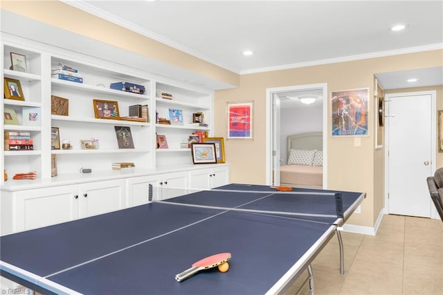 recreation room featuring recessed lighting, baseboards, ornamental molding, and light tile patterned flooring