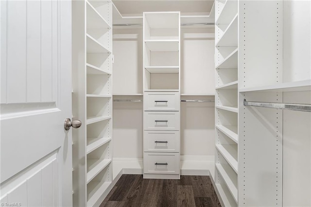 walk in closet with dark hardwood / wood-style floors