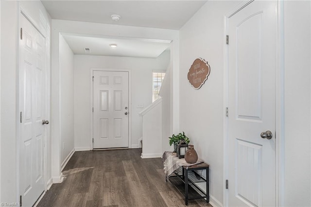 interior space with dark wood-type flooring