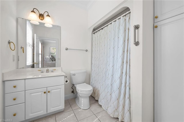 2014 Muirfield Ct, Elon, NC 27244 - bathroom with vanity, toilet, tile patterned flooring, crown molding, and curtained shower