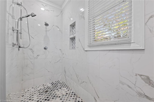 2014 Muirfield Ct, Elon, NC 27244 - bathroom featuring a marble finish shower and ornamental molding