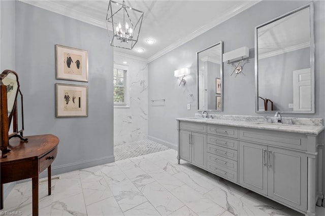 2014 Muirfield Ct, Elon, NC 27244 - full bathroom with marble finish flooring, a marble finish shower, double vanity, a chandelier, and ornamental molding