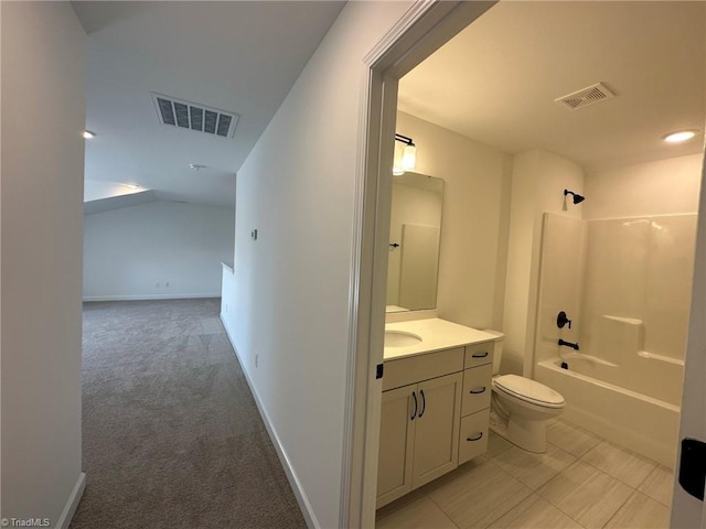 full bathroom featuring bathtub / shower combination, vanity, toilet, and tile patterned flooring