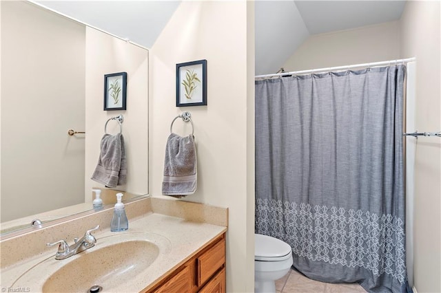 bathroom featuring a shower with curtain, toilet, vaulted ceiling, vanity, and tile patterned flooring