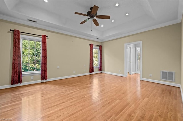 spare room with a raised ceiling, plenty of natural light, light hardwood / wood-style flooring, and ceiling fan