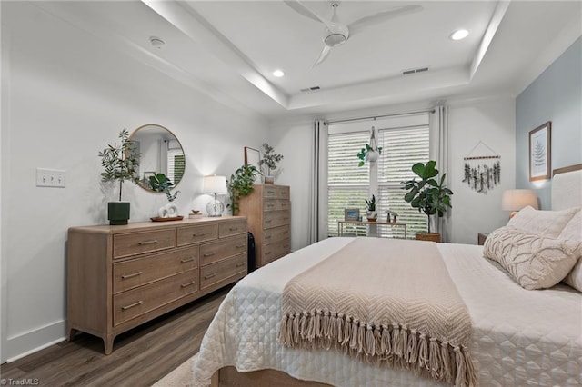 5120 Whaitley Ln, Greensboro, NC 27407 - bedroom featuring dark wood-style floors, a raised ceiling, baseboards, recessed lighting, and a ceiling fan