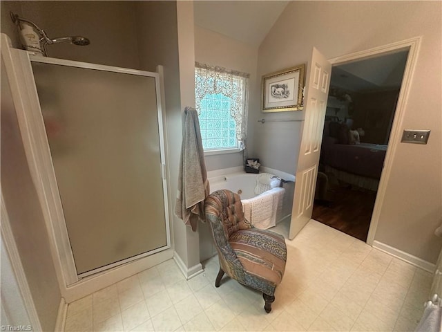 5244 Old Plantation Cir, Winston-Salem, NC 27104 - full bath with a shower stall, lofted ceiling, a jetted tub, ensuite bath, and baseboards