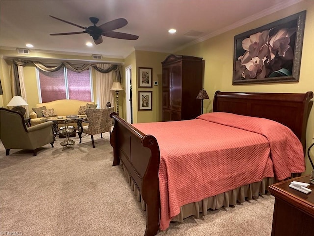5244 Old Plantation Cir, Winston-Salem, NC 27104 - bedroom featuring light carpet, ornamental molding, recessed lighting, and a ceiling fan