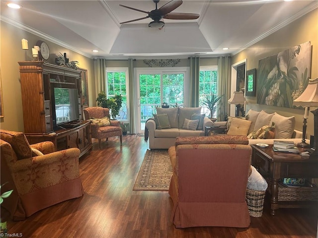 5244 Old Plantation Cir, Winston-Salem, NC 27104 - living area featuring a tray ceiling, a ceiling fan, crown molding, and wood finished floors