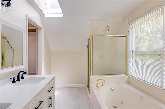 417 Avery Ave, High Point, NC 27265 - full bathroom with a skylight, a jetted tub, double vanity, and a stall shower