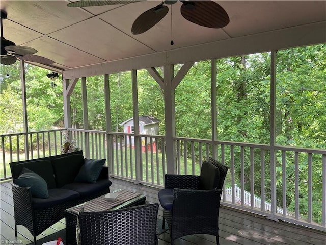 209 Cedar Ln, North Wilkesboro, NC 28659 - wooden deck with a ceiling fan, a storage shed, an outdoor structure, and an outdoor living space