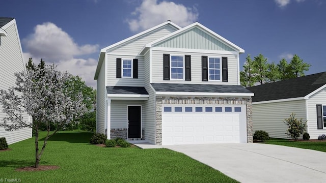 view of front facade featuring stone siding, a front lawn, board and batten siding, and concrete driveway