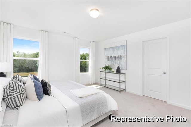 bedroom with light colored carpet and multiple windows