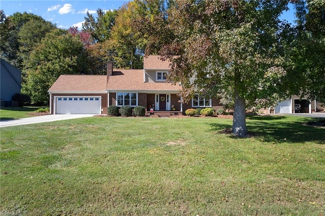 view of front of home with a garage, a porch, and a front yard