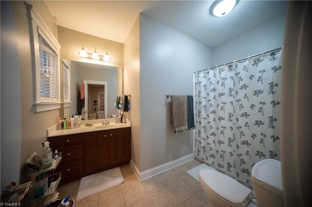 bathroom featuring tile patterned floors, vanity, toilet, and a shower with shower curtain