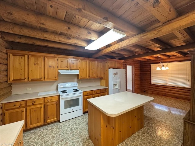 kitchen featuring under cabinet range hood, white appliances, beam ceiling, and wood ceiling