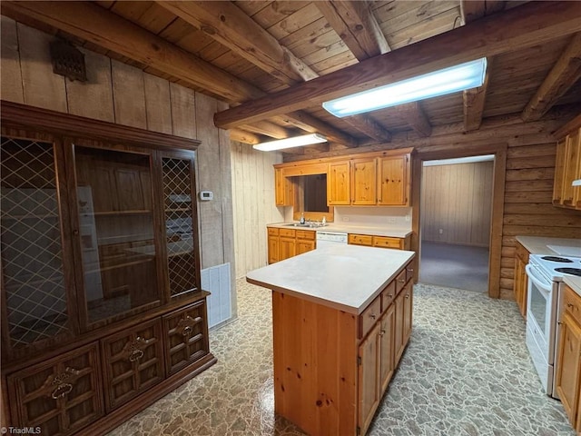 kitchen featuring beam ceiling, wooden ceiling, white appliances, and light countertops