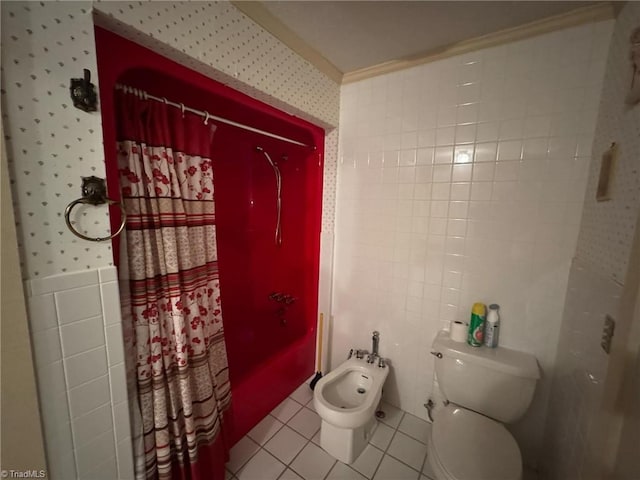 full bath with tile patterned floors, a shower with curtain, a bidet, tile walls, and wallpapered walls