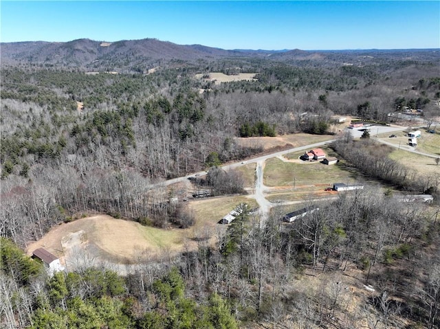 bird's eye view featuring a forest view and a mountain view