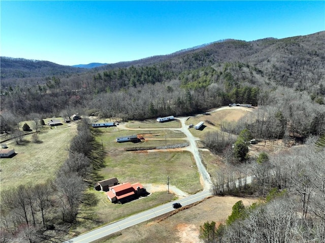 bird's eye view featuring a wooded view, a rural view, and a mountain view