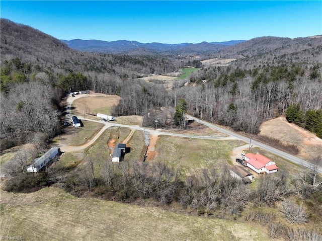 birds eye view of property with a wooded view and a mountain view