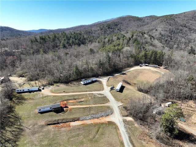 bird's eye view featuring a mountain view, a rural view, and a wooded view