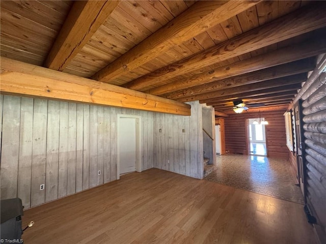 interior space featuring beamed ceiling, stairway, wood ceiling, wood finished floors, and log walls