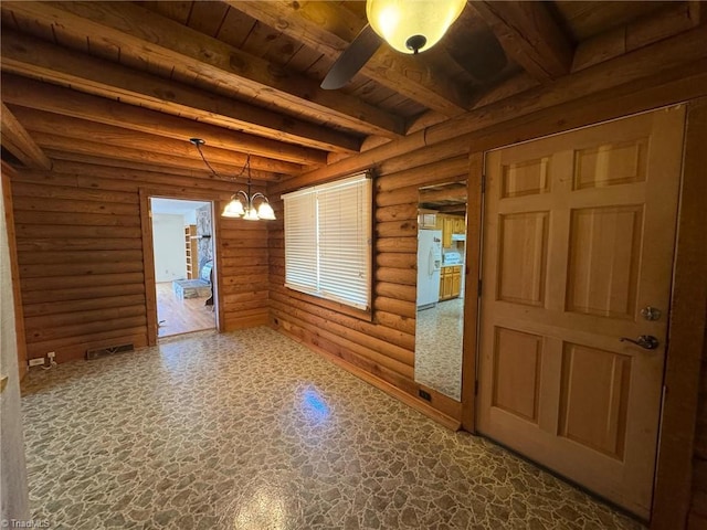 unfurnished dining area with log walls, beam ceiling, wood ceiling, and stone flooring