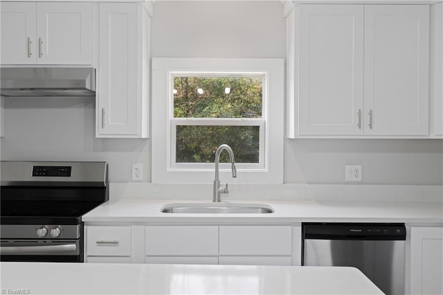 kitchen featuring appliances with stainless steel finishes, ventilation hood, white cabinetry, and sink