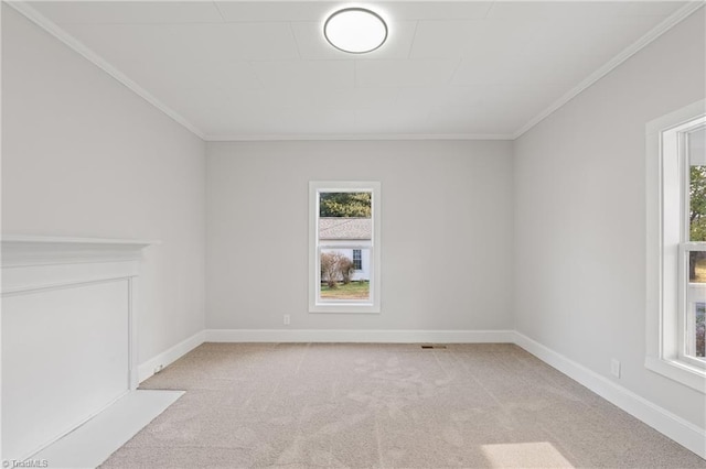 empty room with light colored carpet and crown molding