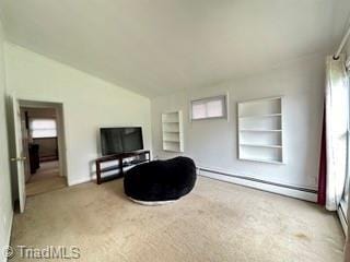 living room with built in features, a baseboard radiator, carpet flooring, and lofted ceiling