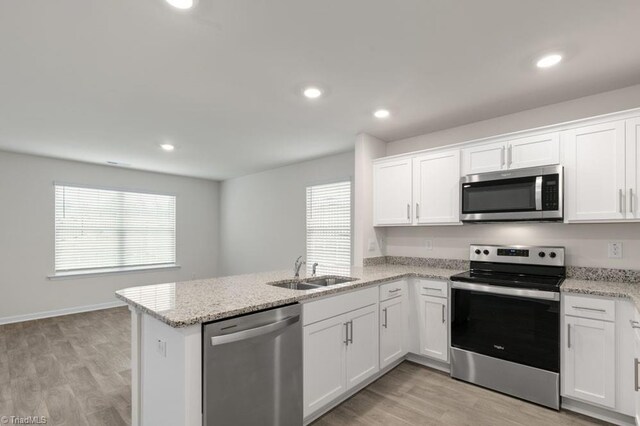 kitchen with kitchen peninsula, sink, white cabinets, and stainless steel appliances