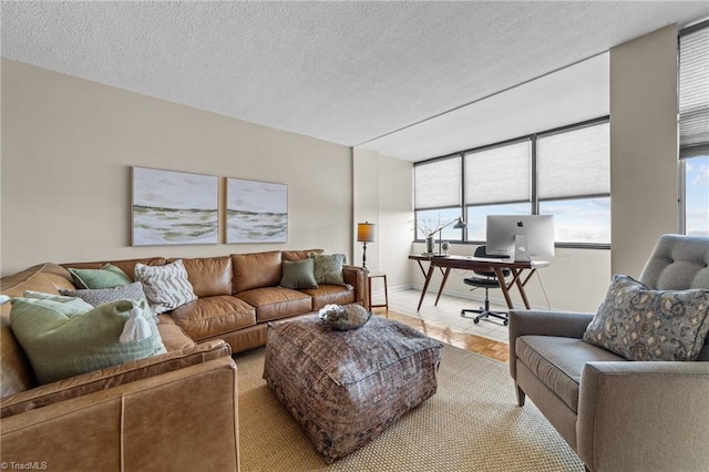 living room with a textured ceiling and light wood-type flooring