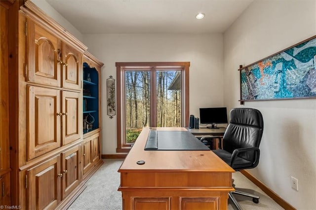 office featuring recessed lighting, light colored carpet, and baseboards