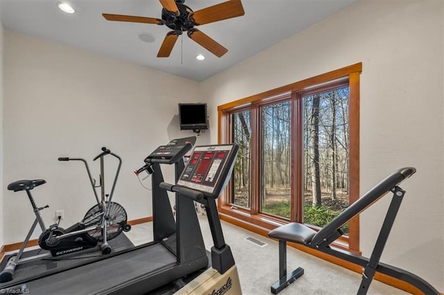 workout area featuring visible vents, a healthy amount of sunlight, baseboards, and carpet floors