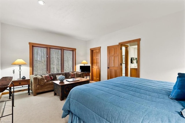 bedroom with light carpet