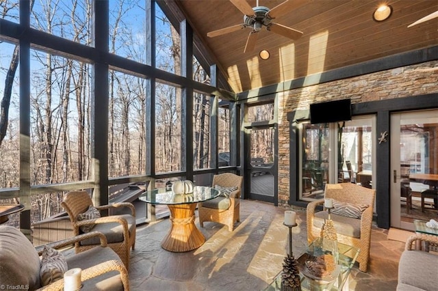 sunroom with wooden ceiling, a ceiling fan, and vaulted ceiling