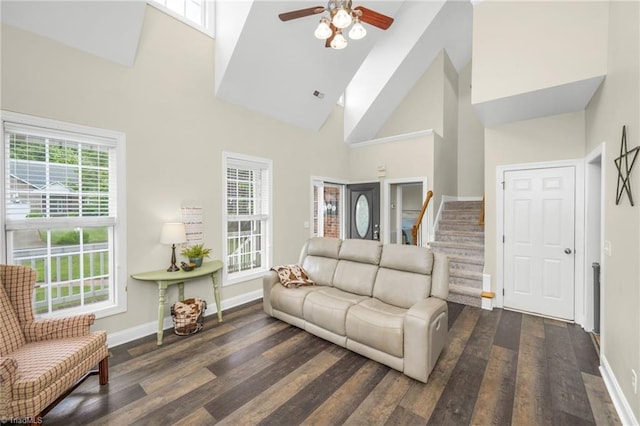 7255 Orchard Path Dr, Clemmons, NC 27012 - living room with wood finished floors, baseboards, ceiling fan, stairway, and high vaulted ceiling