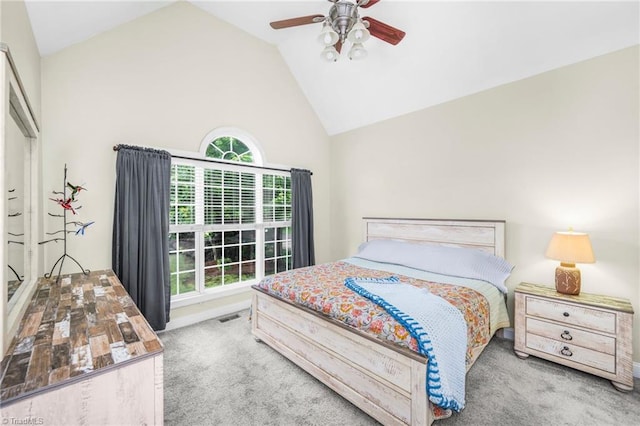 7255 Orchard Path Dr, Clemmons, NC 27012 - bedroom with carpet, high vaulted ceiling, and ceiling fan