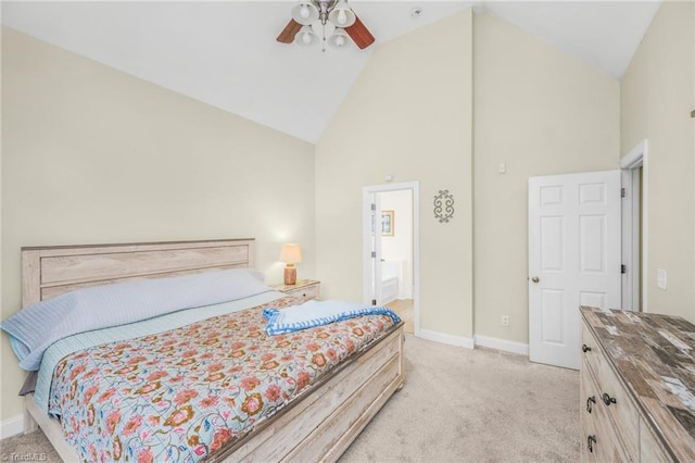 7255 Orchard Path Dr, Clemmons, NC 27012 - bedroom with high vaulted ceiling, light colored carpet, baseboards, and ceiling fan