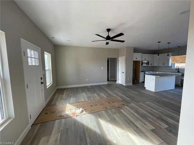 interior space featuring wood finished floors, a sink, a ceiling fan, and baseboards