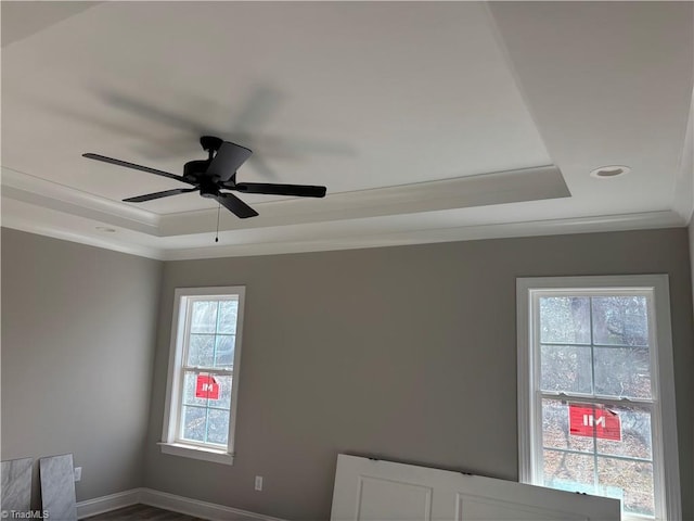 room details featuring ceiling fan and a tray ceiling