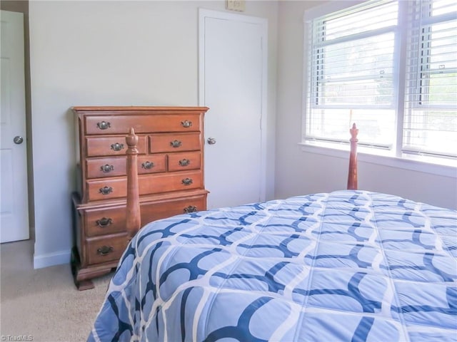 bedroom featuring multiple windows, light colored carpet, and baseboards